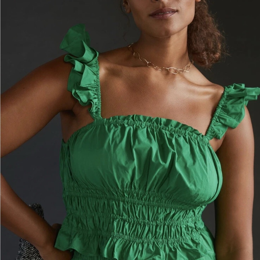 Maeve Anthropologie Kelly Green Smocked Taffeta Tank Coquette Top 10